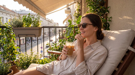 Obraz premium Woman enjoying iced coffee on balcony with city view during sunset, relaxing during summer evening at home