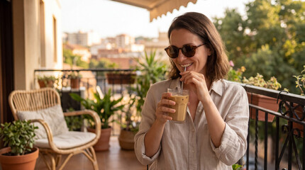 Obraz premium Woman enjoying iced coffee on outdoor balcony, relaxing in summer, urban lifestyle and city view