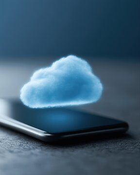 cloud update hologram on smartphone, cybersecurity and data sync