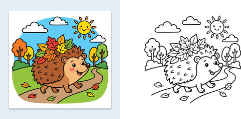 Fototapeta premium Cute cartoon hedgehog coloring page for children, vector illustration of a happy hedgehog walking on an autumn path with colorful leaves, colored and outline templates side by side