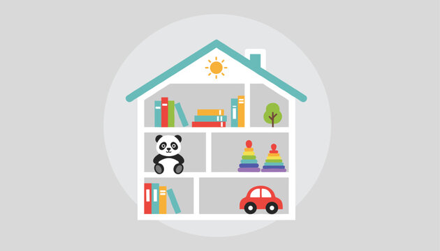 Small house model cross-section showing kids room with books, toys, and a panda stuffed animal in a clean and organized home setting.