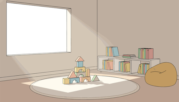 Playful children's room interior featuring a round rug, wooden building blocks, a bookshelf, and a beanbag chair in natural soft light.