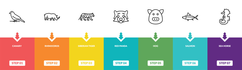 outline animals icons set - canary, rhinoceros, siberian tiger, sea horse. editable vector for web and mobile ui © IconArt