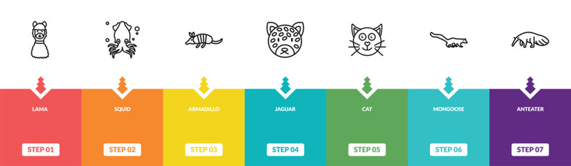 outline animals icons set - lama, squid, armadillo, anteater. editable vector for web and mobile ui © IconArt