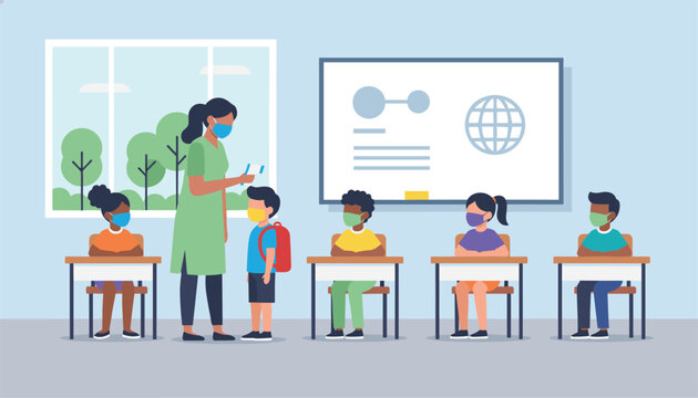 Teacher in a classroom checking the temperature of a student as part of safety protocols with other masked children sitting at desks.