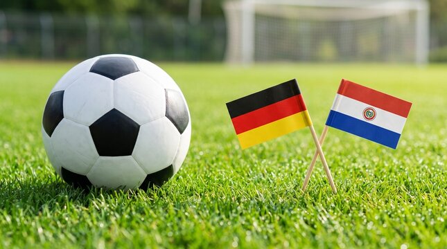 Germany vs Paraguay Soccer Match Concept with Ball and Flags on Grass in Front of Goal Net