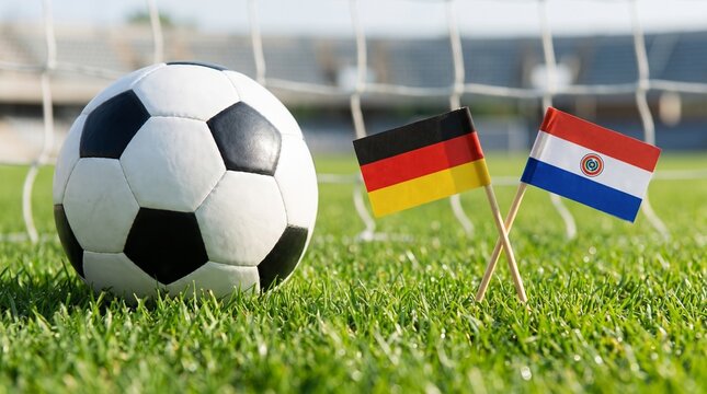Close Up of Classic Soccer Ball with Miniature Germany and Paraguay Flags on Pitch Background