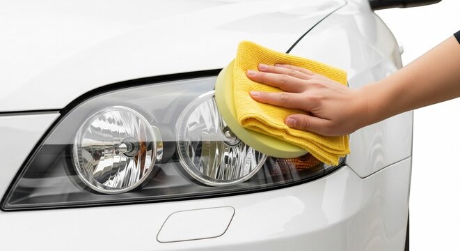 Close up of a hand polishing a car's headlight with a yellow microfiber cloth and sponge, restoring clarity and shine.