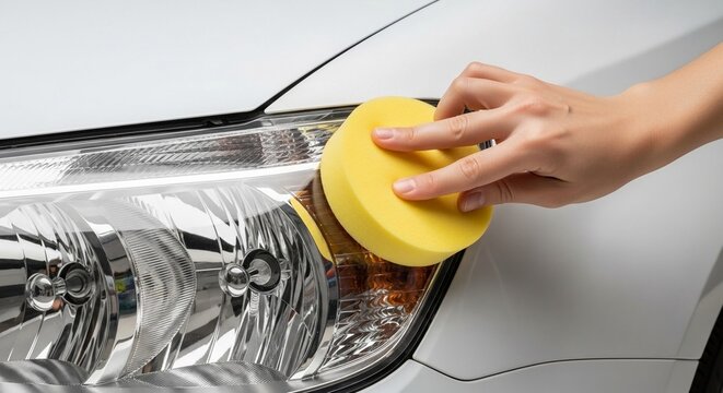 Close-up of a hand using a yellow sponge to polish a car's clear headlight for improved visibility and shine