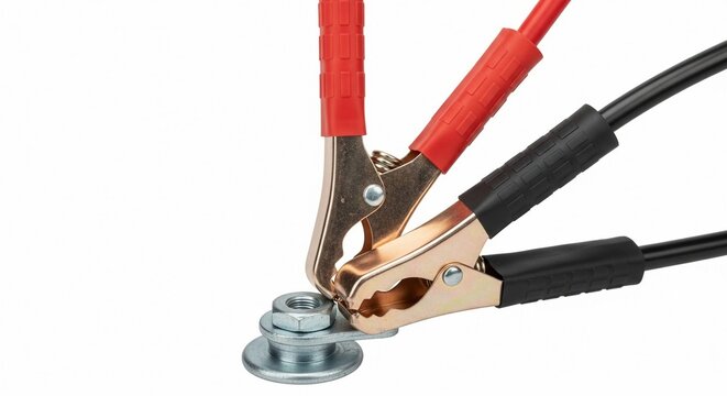 Close-up of Red and Black Jumper Cable Clamps Connecting to a Battery Terminal