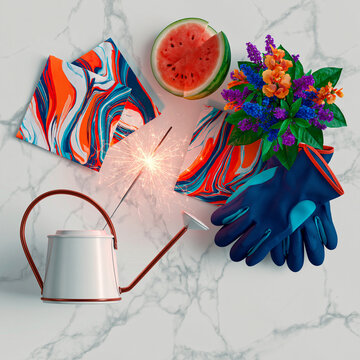 Patriotic Summer Flat Lay with Sparkler, Watermelon and Gloves