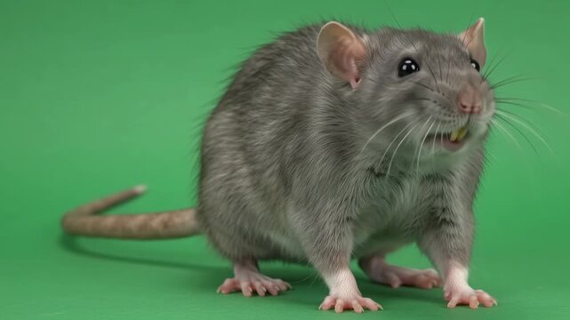 Gray pet rat close up on green background. Rodent yawning and looking into the camera.