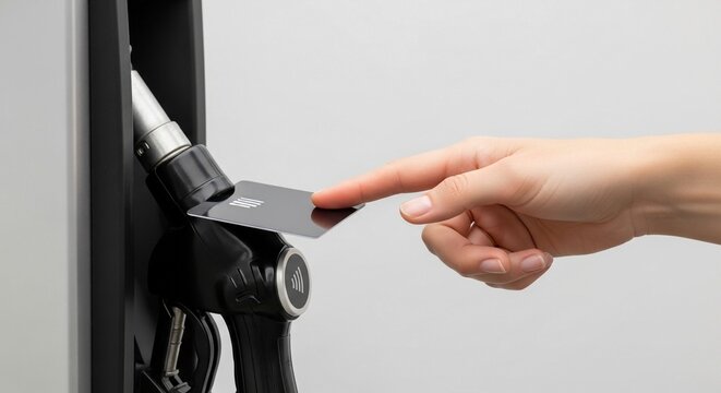 Person uses contactless payment card at a gas pump for fuel purchase