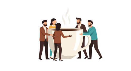 Fototapeta premium Diverse Business Team Collaborating Around a Giant Steaming Coffee Cup for Workplace Energy and Teamwork Concept
