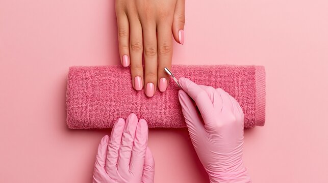 Manicure master in pink rubber gloves applying final polish to client nails with client hand resting on folded pink towel against solid pink background for beauty salon concept