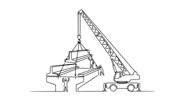 Construction Crane Lifting Bridge Segment with Workers, Continuous Line Art