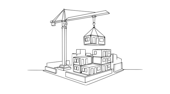 Continuous line drawing of modular building construction with crane lifting container