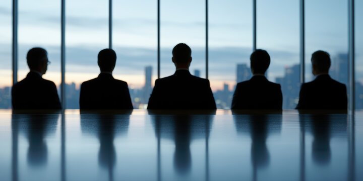 Boardroom governance dashboard, executives in glass skyscraper meeting, city skyline at dusk