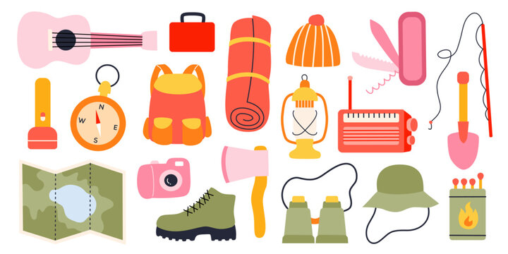 Camping Adventure Icon Set in Flat Cartoon Style. Backpack, sleeping bag, lantern, compass, map, flashlight, axe, binoculars, camping tools and outdoor gear