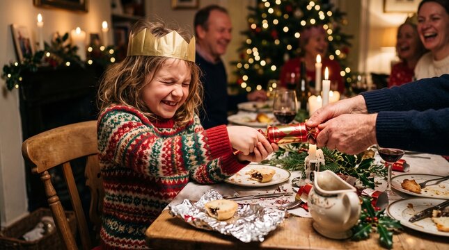 Young girl laughing while pulling Christmas cracker at family dinner  