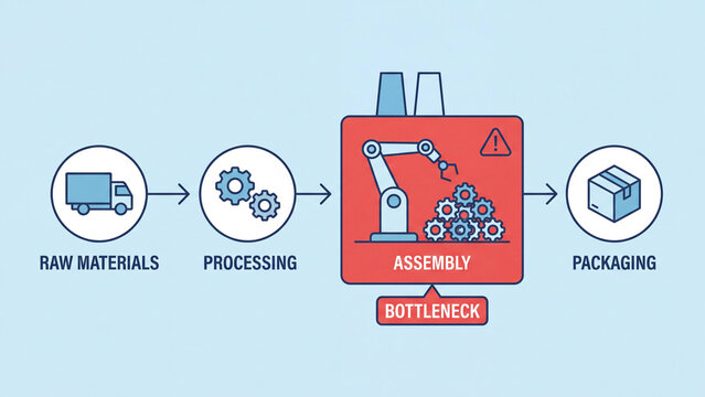 Manufacturing production line bottleneck capacity constraints dentification showing supply chain stages assembly constraints and process flow disruption for operational efficiency improvement
