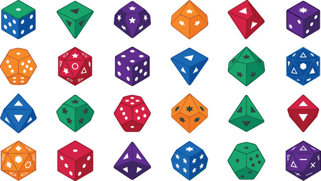 Polyhedral dice vector set with various sides shapes and symbols for roleplaying board games tabletop gaming and rpg gaming