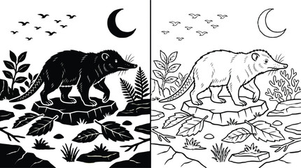 Naklejka premium Armadillo Black and White Illustration with Moon and Leaves Walking on Rocks in a Nighttime Scene