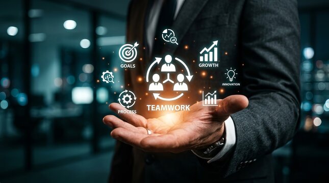 Businessman showing virtual teamwork and business development icons for strategic planning and growth