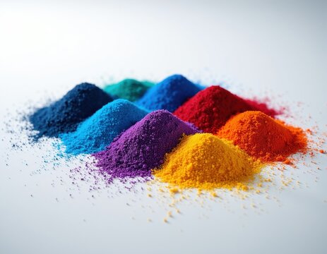 Piles of colorful masterbatch granules in various shades like blue, green, purple, yellow, orange, and red. These polymer pellets add color to plastics in manufacturing.