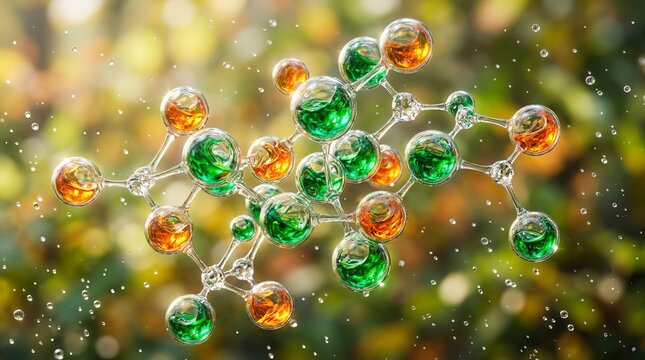 Abstract 3D Molecular Structure with Liquid Droplets for Biotechnology and Eco Research