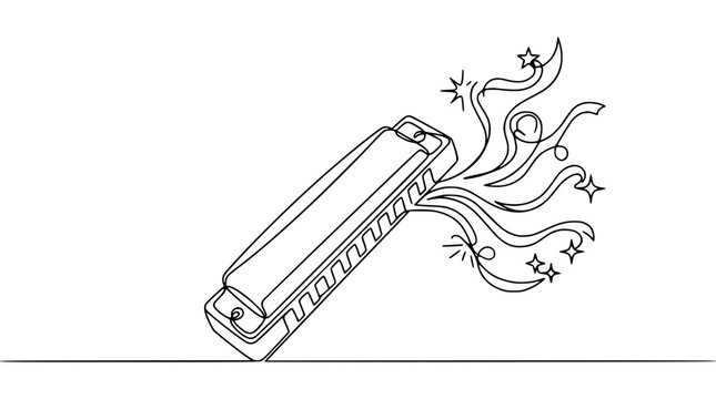 Harmonica playing with musical notes and stars, single line drawing