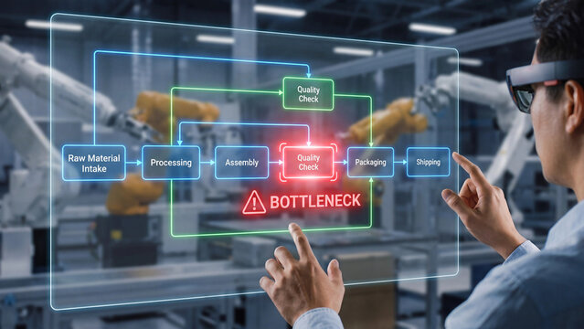 Augmented reality capacity constraint bottleneck analysis and smart manufacturing workflow visualization concept for engineer led production process optimization and quality control management