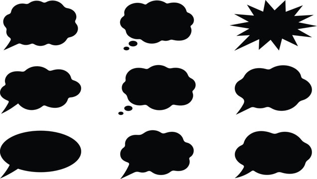 Collection of various black comic book speech bubbles and thought clouds on white background