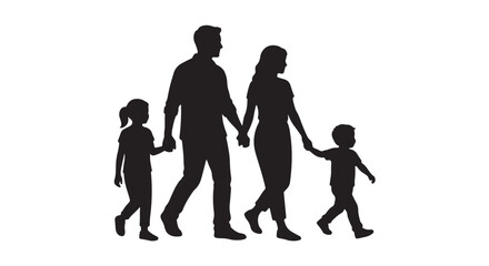 Obraz premium American family walking together silhouette, black and white premium vector, happy lifestyle concept, isolated on white background, modern minimal composition