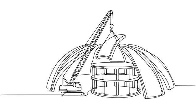 Continuous line drawing of building construction with crane lifting dome section