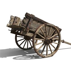Obraz premium Vintage wooden cart with large spoked wheels and weathered planks, isolated on a clean white background, showcasing rustic design and historical charm for commercial use