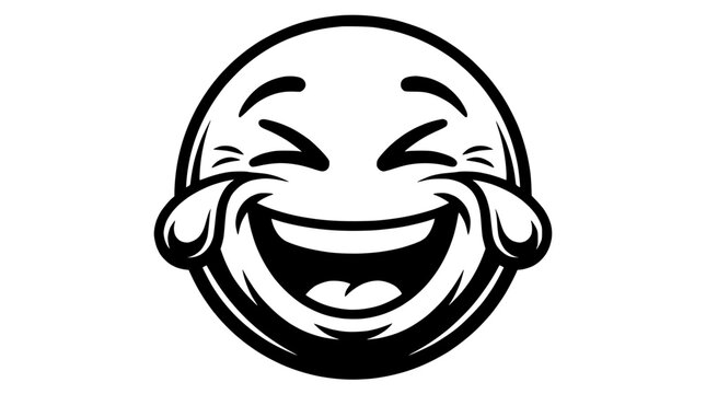Laughing Emoji Face Icon, Tears of Joy, Black and White Vector Art