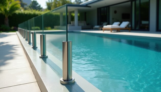 Modern house backyard features clear glass pool fence. Stainless steel posts support panels around blue swimming pool. Sun loungers sit on patio by luxe home.