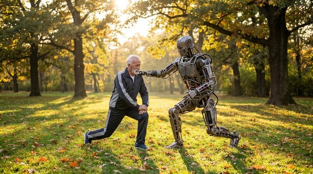 Active aging: Elderly man performs guided exercises in a park with the balance support of a humanoid robot.
