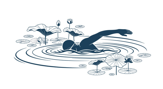 Minimalist illustration of a person swimming in a pond with water lilies