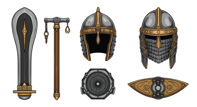 Illustrated set of medieval helmets swords shields and mace.