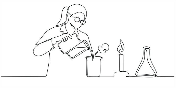 Line drawing of a woman conducting a science experiment with a beaker and candle