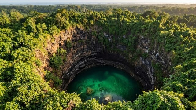 Deep lush volcanic sinkhole framing a clear emerald green pool in Samoa