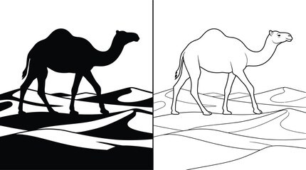 Camel Walking Through Desert Dunes in a Minimalist Flat Vector Illustration, Presented as Both Solid Fill and Outline Versions. © MD