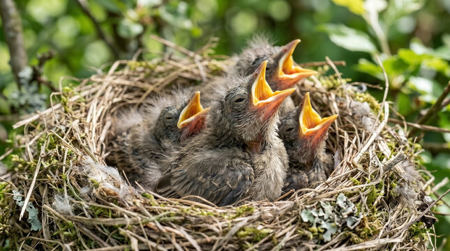 Finch chicks in nest with mouths wide open awaiting food. Finch chicks display eagerness as they vocalize for nourishment in lush greenery. Perfect for wildlife photography and nature-themed projects.