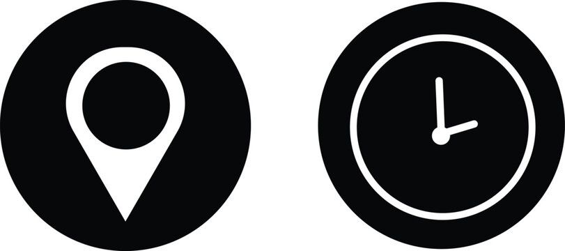 Time and location icon set. GPS pointer and stopwatch schedule. Clock schedule and map pin components. Destination tracking and arrival estimation symbols 
