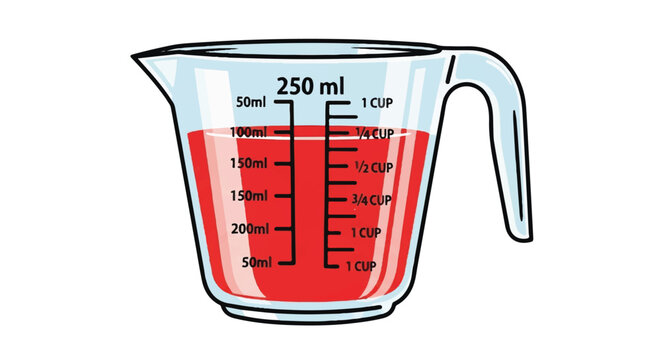 Cartoon measuring cup filled with red liquid for cooking and baking tasks.