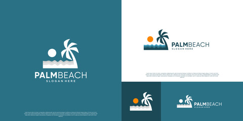 Naklejka premium Beach logo with overlapping style, holiday symbols, palm trees and sun, graphic design template.