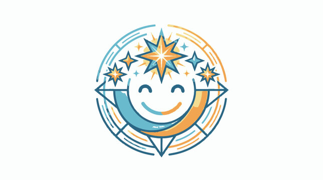 Happy Sun and Moon face with stars in compass design, positive energy and optimism concept.
