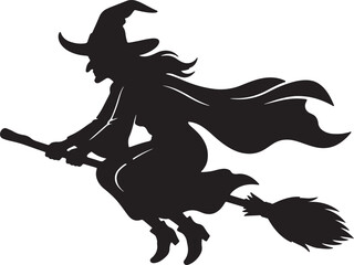 Fototapeta premium Black silhouette of witch flying on broomstick isolated.